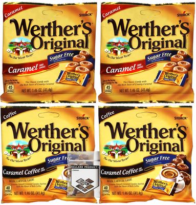 Werthers Sugar Free Hard Candy - 2 Bags Each Flavor | Original Hard Candy and Caramel Coffee Hard Candy | 1.46 Ounce Bags | Bundle with Ballard Products Pocket Bag