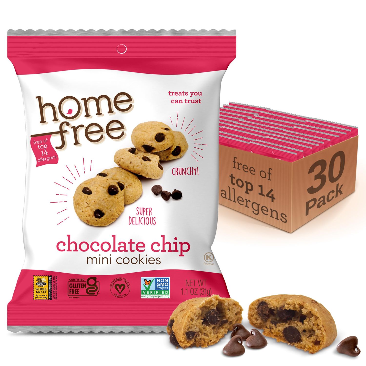 Homefree Mini Chocolate Chip Cookies, Gluten Free, Nut Free, Vegan, Individually Wrapped Packs, School Safe and Allergy Friendly Snack, 1.1 oz. (Pack of 30)