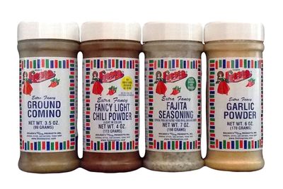 Bolner&#39;s Fiesta Extra Fancy Traditional Mexican Kitchen Seasoning 4 Flavor Variety Bundle: (1) Fajita Seasoning, (1) Comino (Cumin), (1) Light Chili Powder, and (1) Garlic Powder, 3.5-7 Oz. Ea.