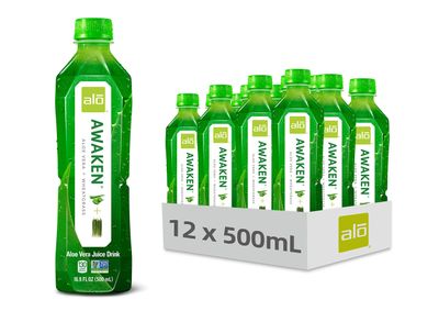 ALO Aloe Vera Juice Drink | AWAKEN - Aloe Vera + Wheatgrass | 16.9 fl oz, Pack of 12 | Plant Based Drink with Real Aloe Vera Pulp