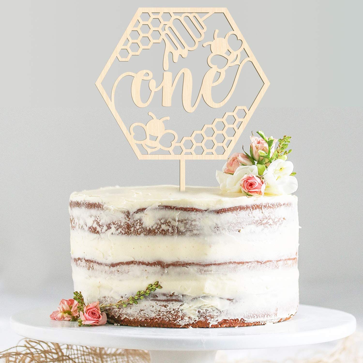 Huray Rayho Bumble Bee One Cake Topper for First Birthday 1st Honey Bee Theme Party Decoration Honeycomb Wood Cake Topper Bee Cake Supplies