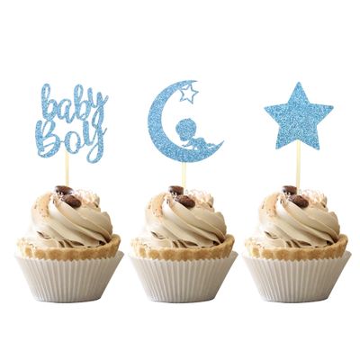 24 PCS Baby Shower Boy Cupcake Toppers with Moon Star Blue Glitter Cupcake Picks Boys Birthday Party Supplies