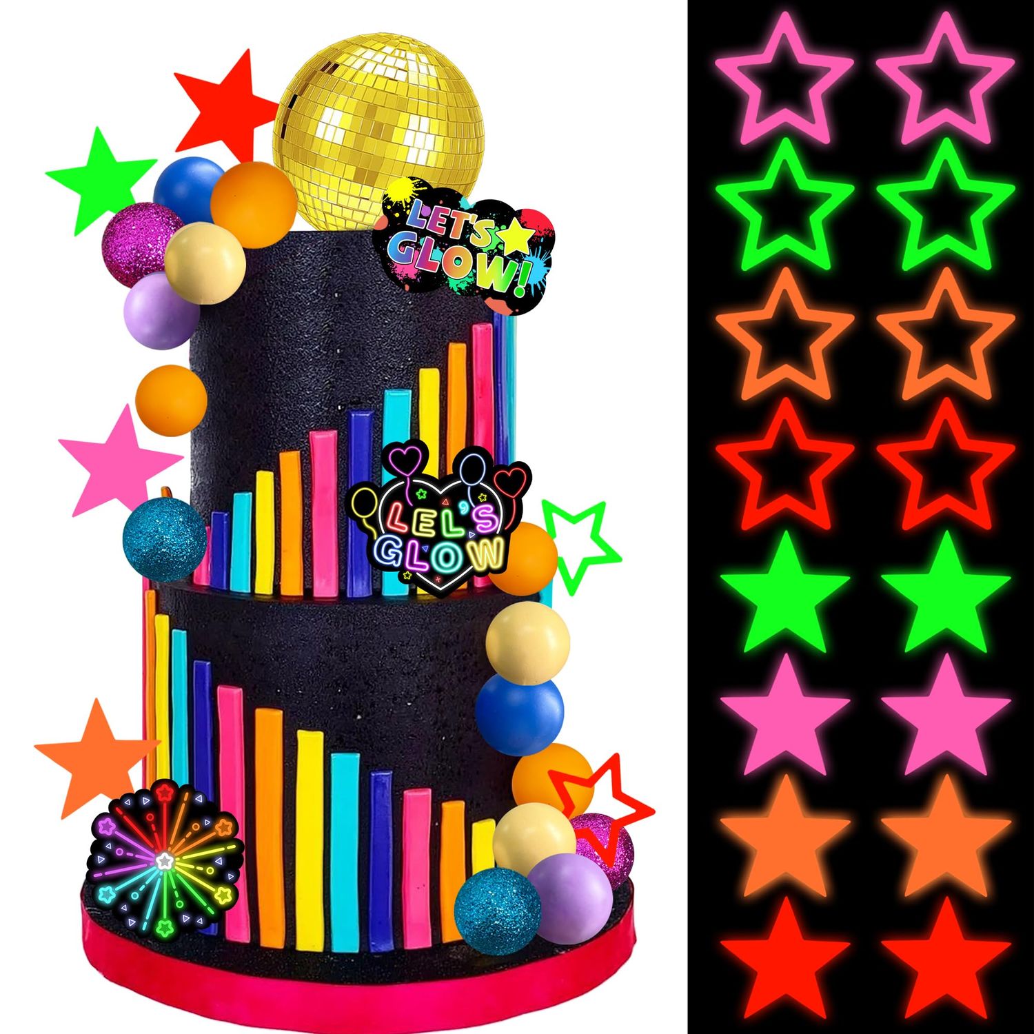 36 PCS Lets Glow Theme Cake Toppers Glow in the dark Cake Decorations for Neon Birthday Engagement Wedding Party Decorations Supplies (02)