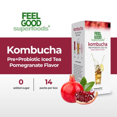 FeelGood Superfoods Kombucha Iced Tea Packets, Delicious Pomegranate Flavored Refreshing Instant Kombucha Powder Fizzy Drink, Probiotic Supplement for Gut Health, 14 pack