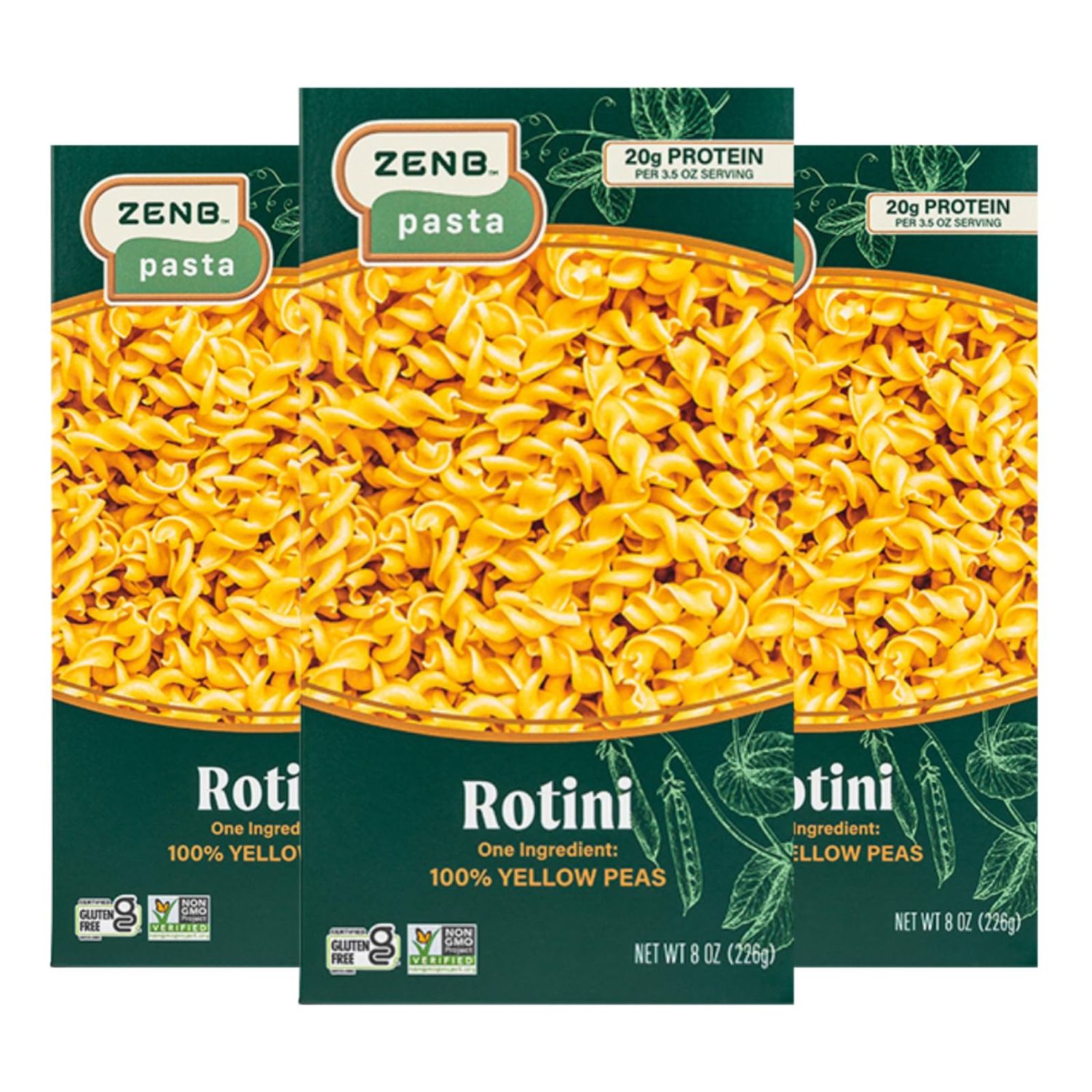 ZENB Plant Based Rotini Pasta - Made From 100% Yellow Peas, Gluten Free, Non-GMO &amp; Vegan, 20g of Protein &amp; 12g of Fiber In Every Serving - (Pack of 3)