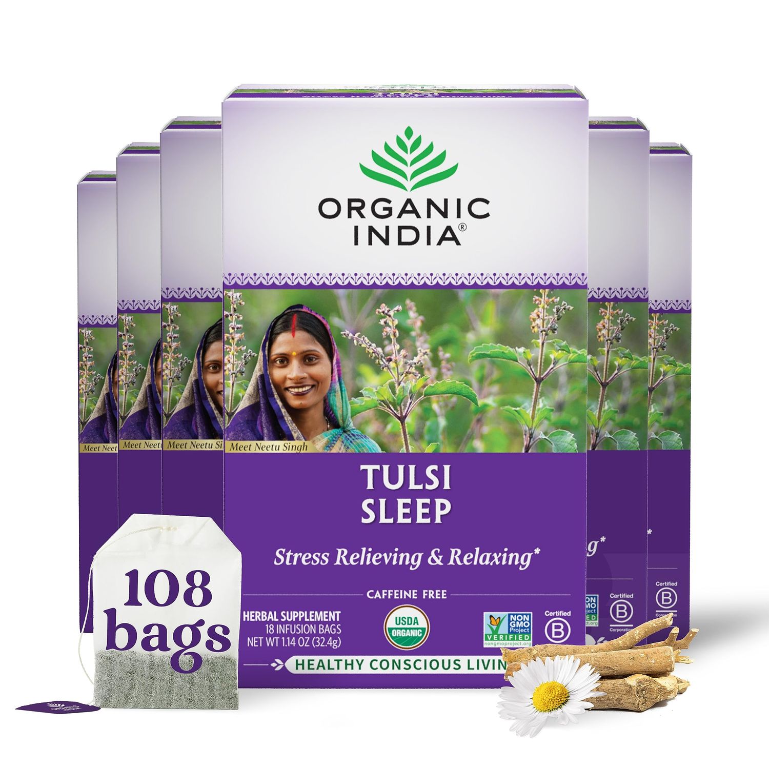 ORGANIC INDIA Tulsi Sleep Herbal Tea - Holy Basil, Ashwagandha, Chamomile, Night Time Tea for Bedtime, Stress Relieving &amp; Relaxing, Immune Support, USDA Certified Organic - 18 Infusion Bags, 6 Pack