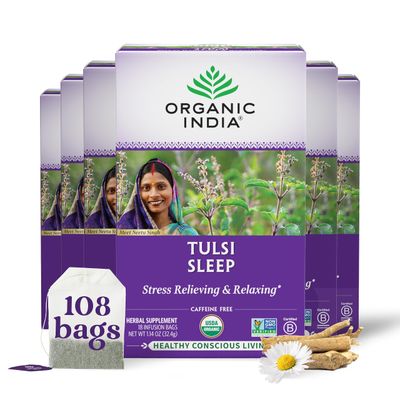 ORGANIC INDIA Tulsi Sleep Herbal Tea - Holy Basil, Ashwagandha, Chamomile, Night Time Tea for Bedtime, Stress Relieving &amp; Relaxing, Immune Support, USDA Certified Organic - 18 Infusion Bags, 6 Pack