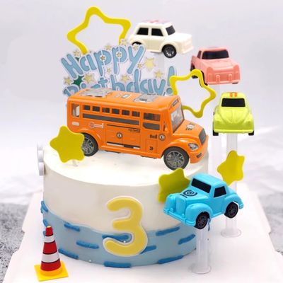 18pcs Car Cake Topper School Bus Vehicles Cute Star Windmill Happy Birthday Cake Toppers Decorations Race Car Figure Model for Boy Kid Birthday Decorations Car Theme Birthday Party Supplies