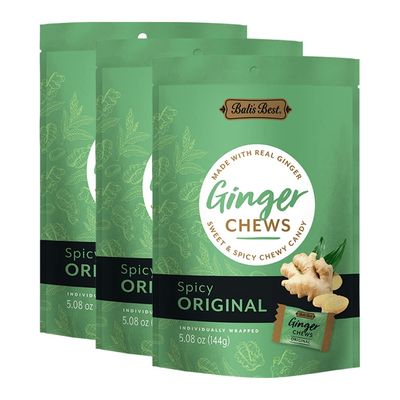 Bali&#39;s Best Ginger Chews - Spicy Original Ginger Flavor (3 Pack) 100% Real Ginger, Sweet Spicy Chewy Ginger Candies, 3x 5.08oz 144g Bags, Great snacks for sharing and gift baskets