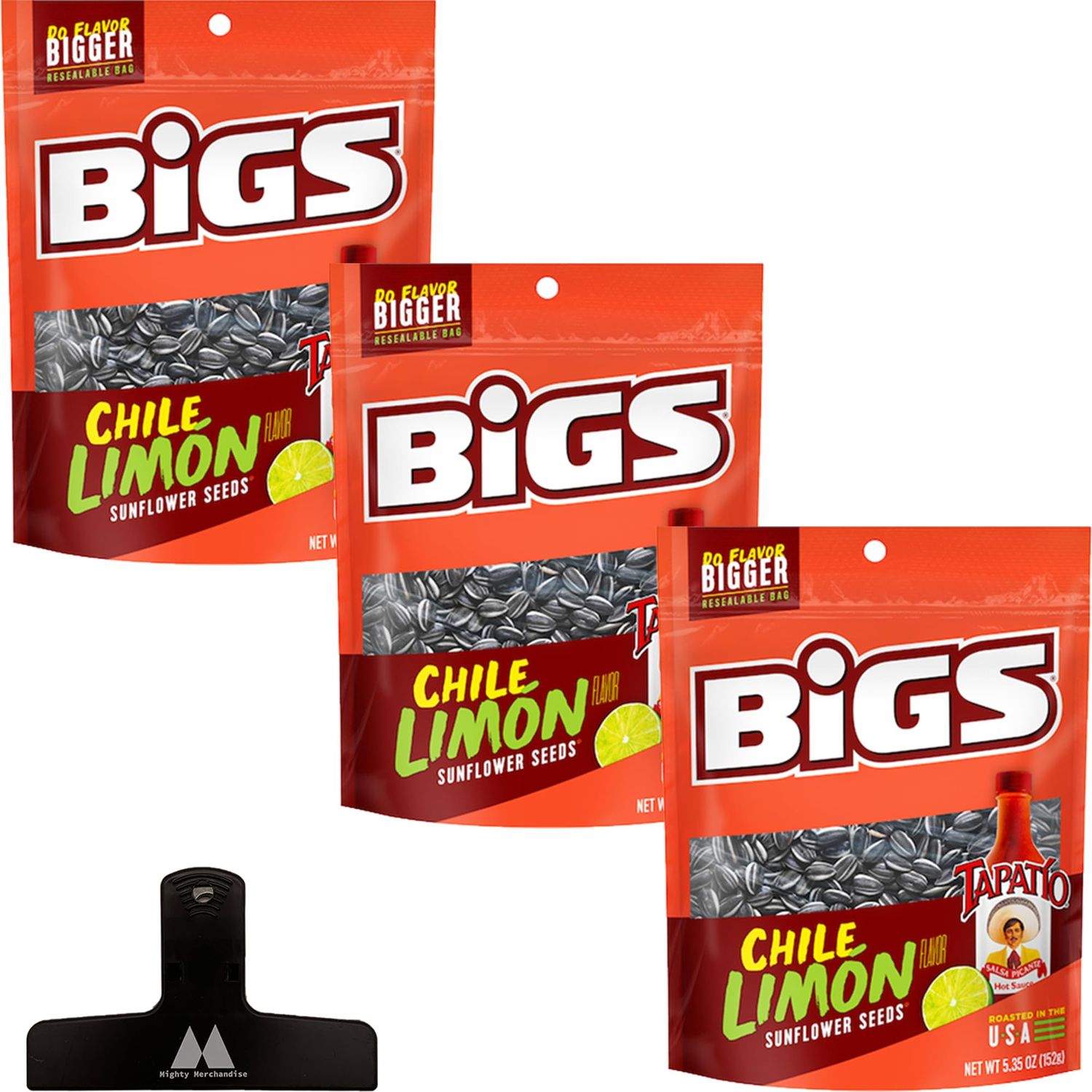 BIGS Chile Limon Flavored Sunflower Seeds - 5.35 oz Bags (Pack of 3) - With Mighty Merchandise Bag Clip
