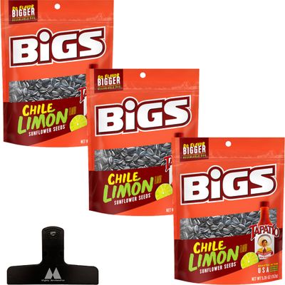 BIGS Chile Limon Flavored Sunflower Seeds - 5.35 oz Bags (Pack of 3) - With Mighty Merchandise Bag Clip