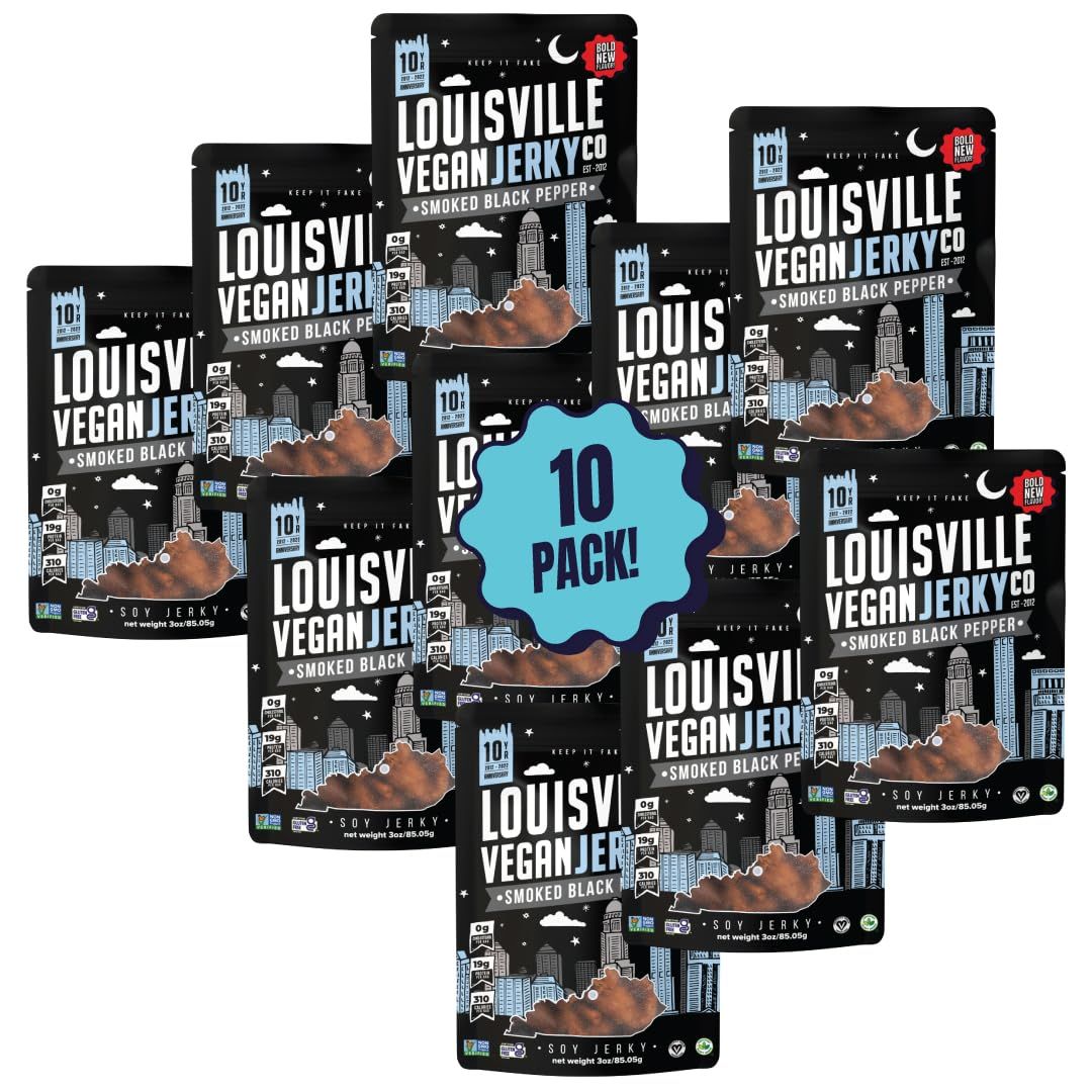 Louisville Vegan Jerky - Smoked Black Pepper Vegan and Vegetarian Meat, 19 Grams of Non-GMO Soy Protein, 310 Calories per Bag, Gluten-Free High Protein Vegan Snacks - 3 oz, 10 Pack