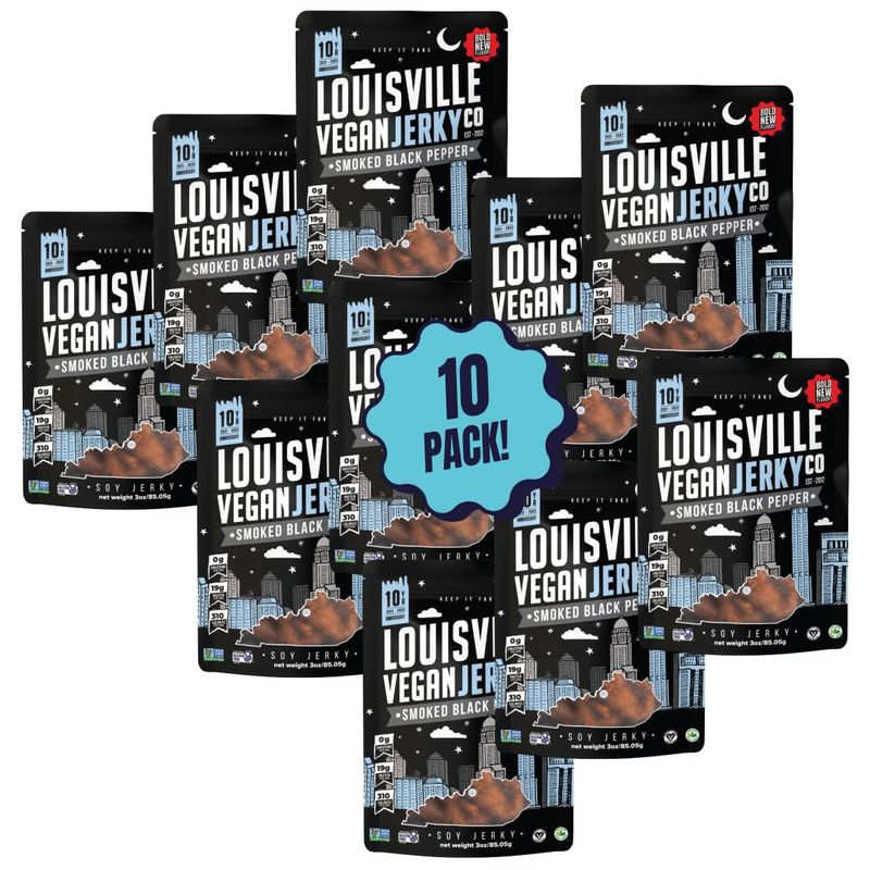 Louisville Vegan Jerky - Smoked Black Pepper Vegan and Vegetarian Meat, 19 Grams of Non-GMO Soy Protein, 310 Calories per Bag, Gluten-Free High Protein Vegan Snacks - 3 oz, 10 Pack