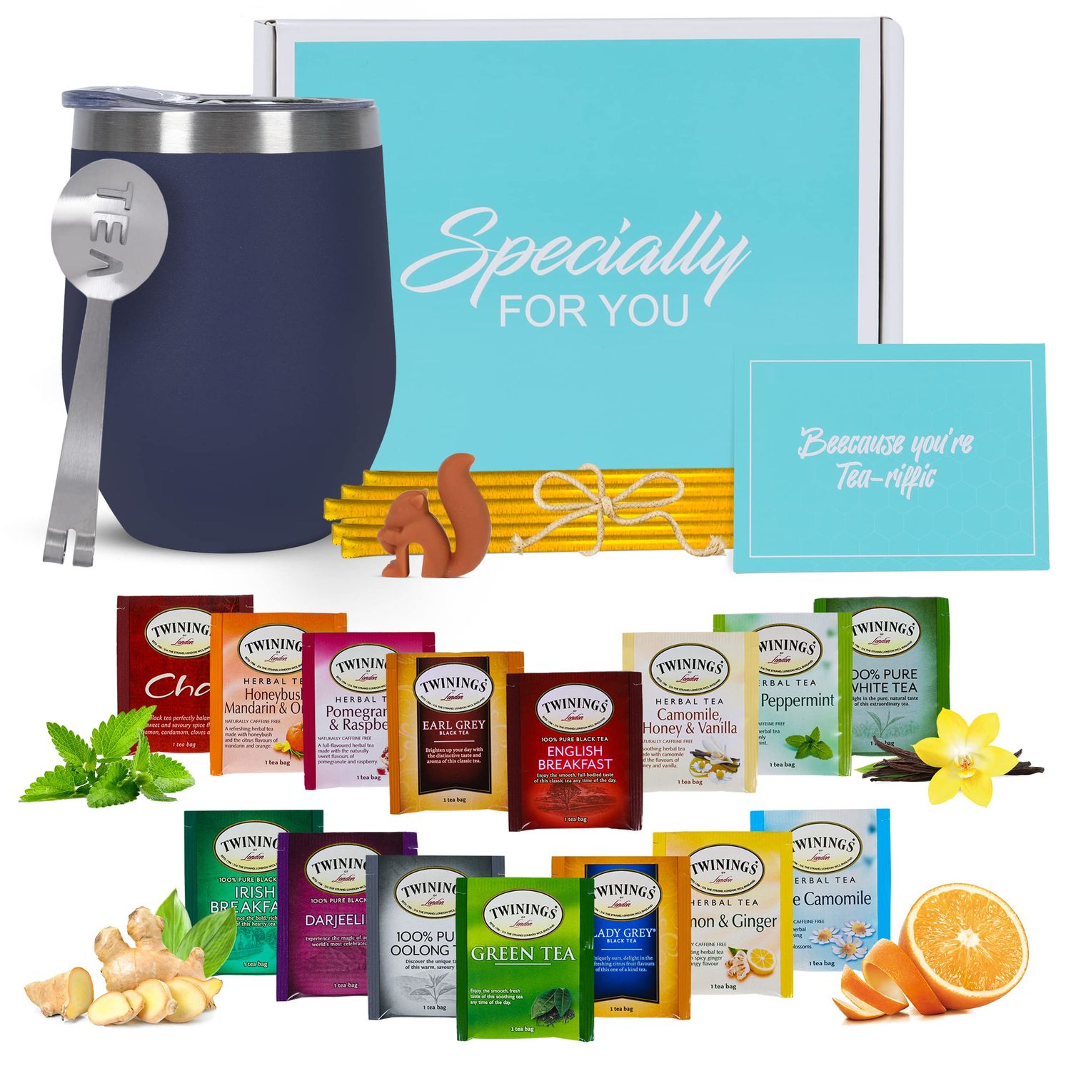 Tea Gift Sets for Tea Lovers Women and Men | Tea Gifts | Tea Gift Set | Tea Sets for Women | Stainless Steel Tumbler | 15 Unique Teas | 10 Honey Straws | Gift Box Tea Set (Blue)