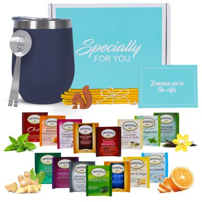 Tea Gift Sets for Tea Lovers Women and Men | Tea Gifts | Tea Gift Set | Tea Sets for Women | Stainless Steel Tumbler | 15 Unique Teas | 10 Honey Straws | Gift Box Tea Set (Blue)