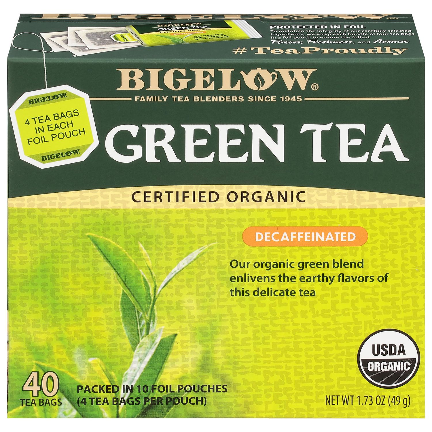 Bigelow Tea Organic Decaffeinated Green Tea, Decaf Organic Green Tea Bags, 40 Count Box (Pack of 6), 240 Total Tea Bags