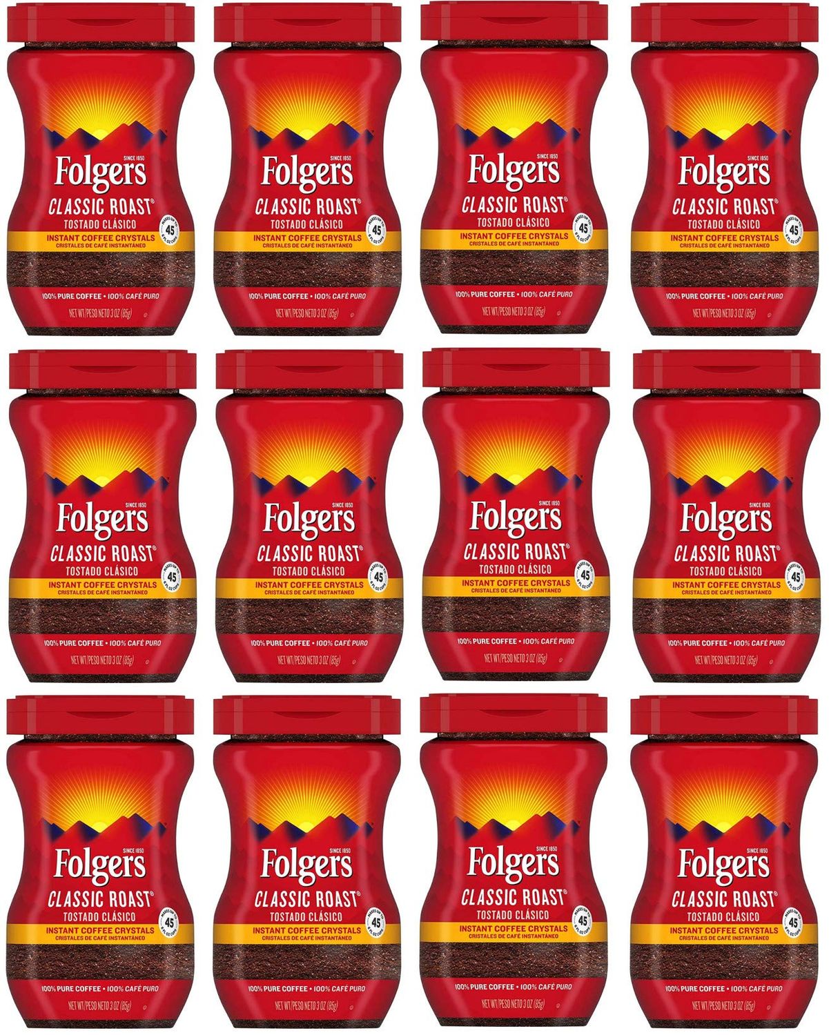 Folgers 20083 Classic Roast Instant Coffee Crystals, 3 Ounces, 100% Pure Coffee, Medium Roast, Easy-open Flip Top Lid, Portable Plastic Jar, Pack of 12
