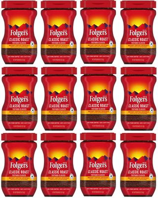 Folgers 20083 Classic Roast Instant Coffee Crystals, 3 Ounces, 100% Pure Coffee, Medium Roast, Easy-open Flip Top Lid, Portable Plastic Jar, Pack of 12