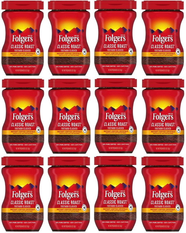 Folgers 20083 Classic Roast Instant Coffee Crystals, 3 Ounces, 100% Pure Coffee, Medium Roast, Easy-open Flip Top Lid, Portable Plastic Jar, Pack of 12