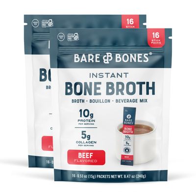 Bare Bones Beef Bone Broth Instant Powdered Mix | Rich Savory Packets on-the-Go No Artificial Flavors | 100% Grass Fed Keto &amp; Paleo Friendly | Sticks 10g Protein | 32 Pack