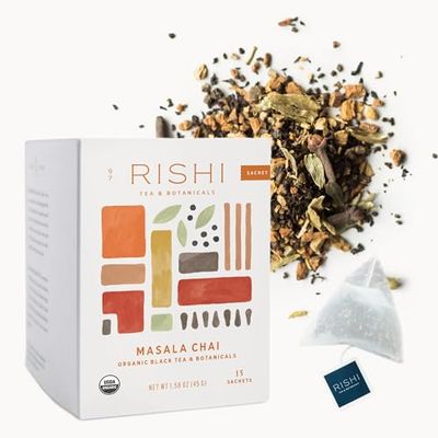 Rishi Tea Masala Chai Tea - Organic Sachet Tea Bags, Assam Black Tea Blend with Whole Spices, Energizing &amp; Caffeinated - 15 Count (Pack of 1)