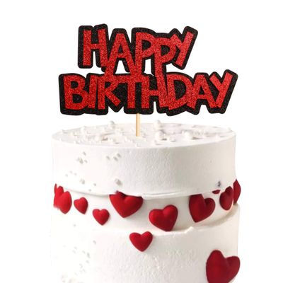 Ercadio 1 Pack Double Layers Happy Birthday Cake Topper Black and Red Glitter Celebrating Birthday Cake Pick Baby Shower Kids Birthday Party Decorations Supplies