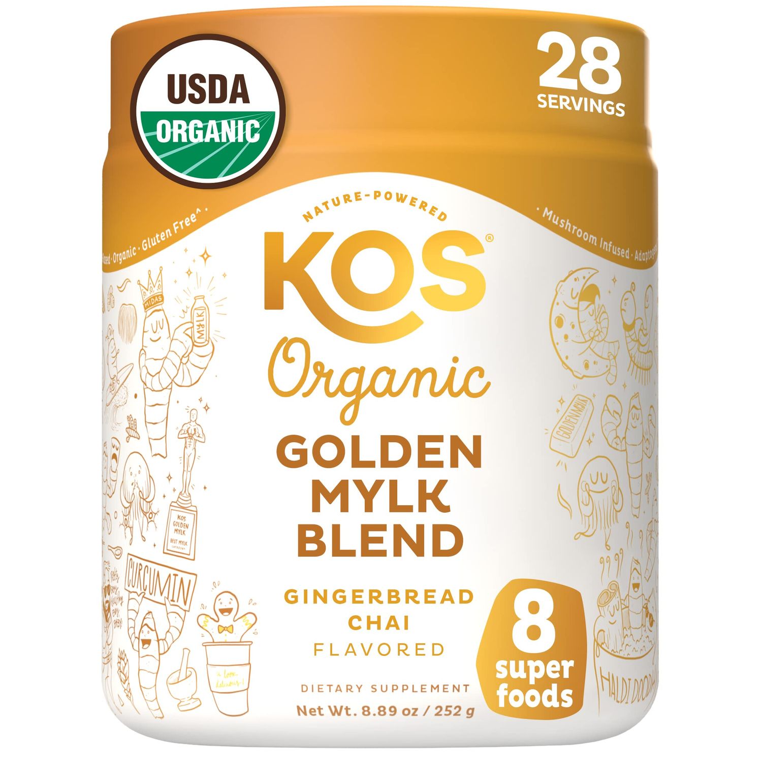 KOS Golden Mylk with Tumeric and Ginger, Organic Superfood Latte Powder, Adaptogen Mushroom Blend - Coffee Creamer, Dessert &amp; Smoothie - Caffeine Free, Vegan, Dairy-Free, Gingerbread Chai, 28 Servings