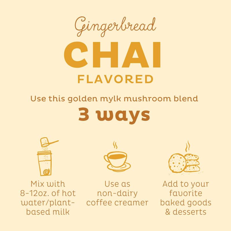 KOS Golden Mylk with Tumeric and Ginger, Organic Superfood Latte Powder, Adaptogen Mushroom Blend - Coffee Creamer, Dessert &amp; Smoothie - Caffeine Free, Vegan, Dairy-Free, Gingerbread Chai, 28 Servings