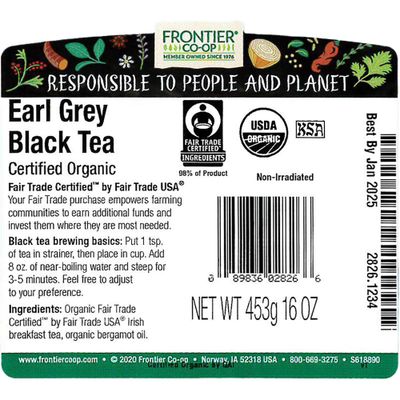 Frontier Co-op Organic Earl Grey Tea Loose Leaf, 1lb Bulk Bag - Premium Dried Loose Leaf Tea - Aromatic Black Tea Loose Leaf with Bergamot Oil, Kosher