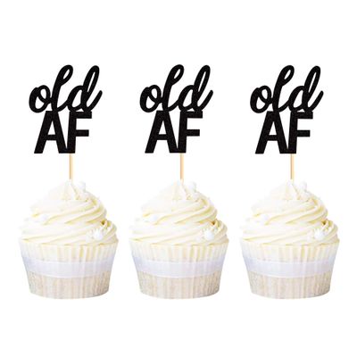 Ercadio 24 Pack Black Old AF Cupcake Toppers Glitter Old Birthday Cupcake Picks 40th 50th 60th 70th 80th 90th Birthday Retirement Party Cake Decorations Supplies