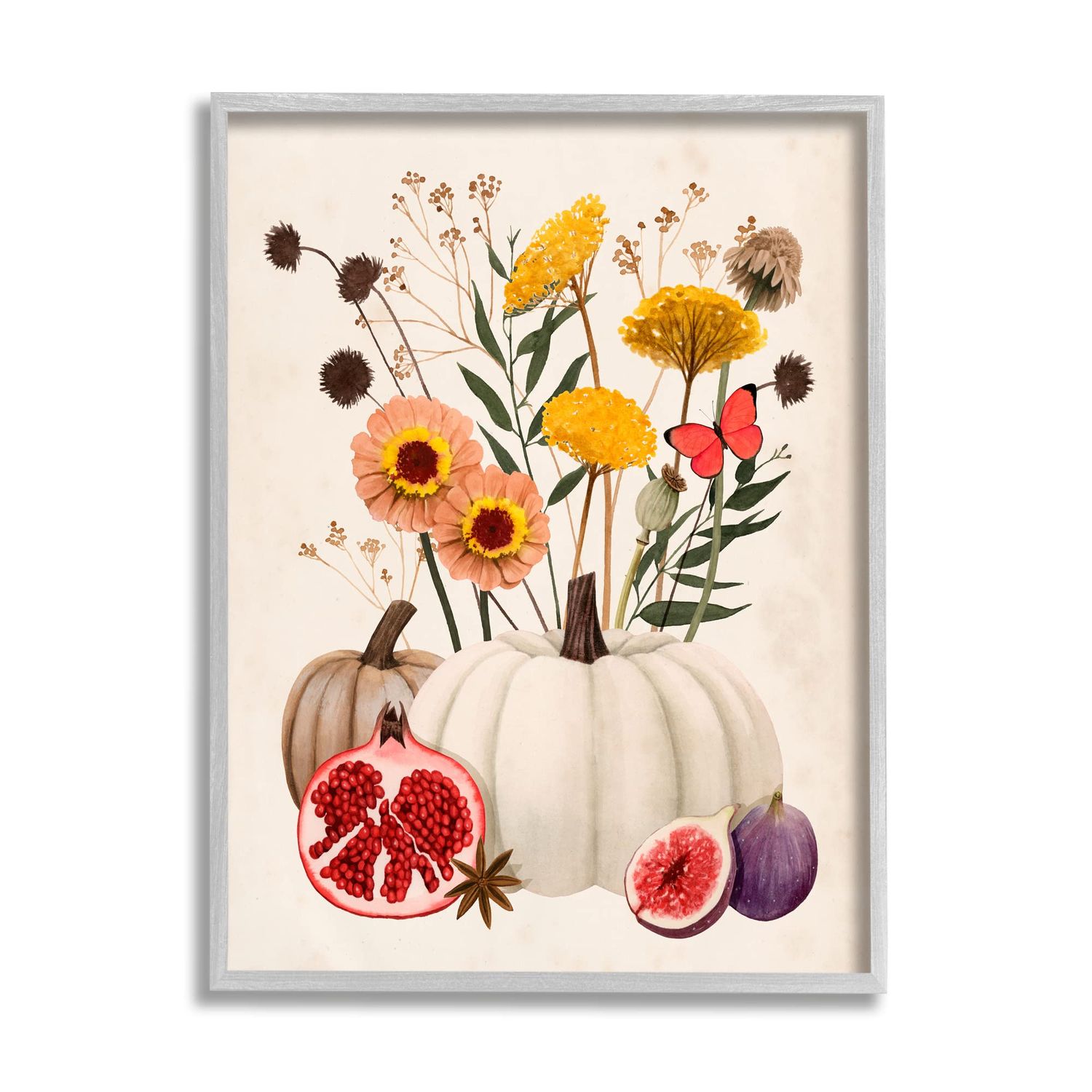 Stupell Industries Autumn Harvest Arrangement Pumpkin Pomegranate Fig Fruits Grey Framed Wall Art, 11 x 14, Beige