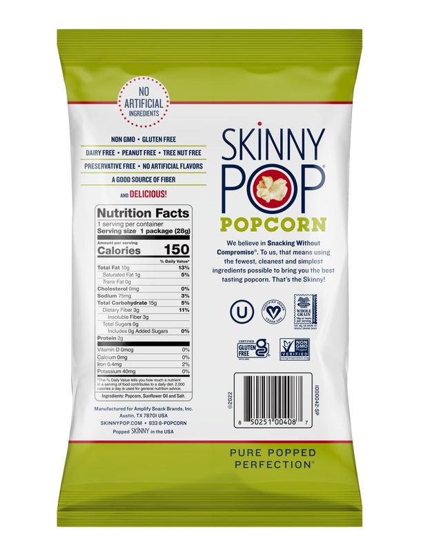 SkinnyPop Popcorn, Gluten Free, Dairy Free, Non-GMO, Healthy Snacks, Skinny Pop Original Popcorn, 1oz Individual Size Snack Bags (12 Count)