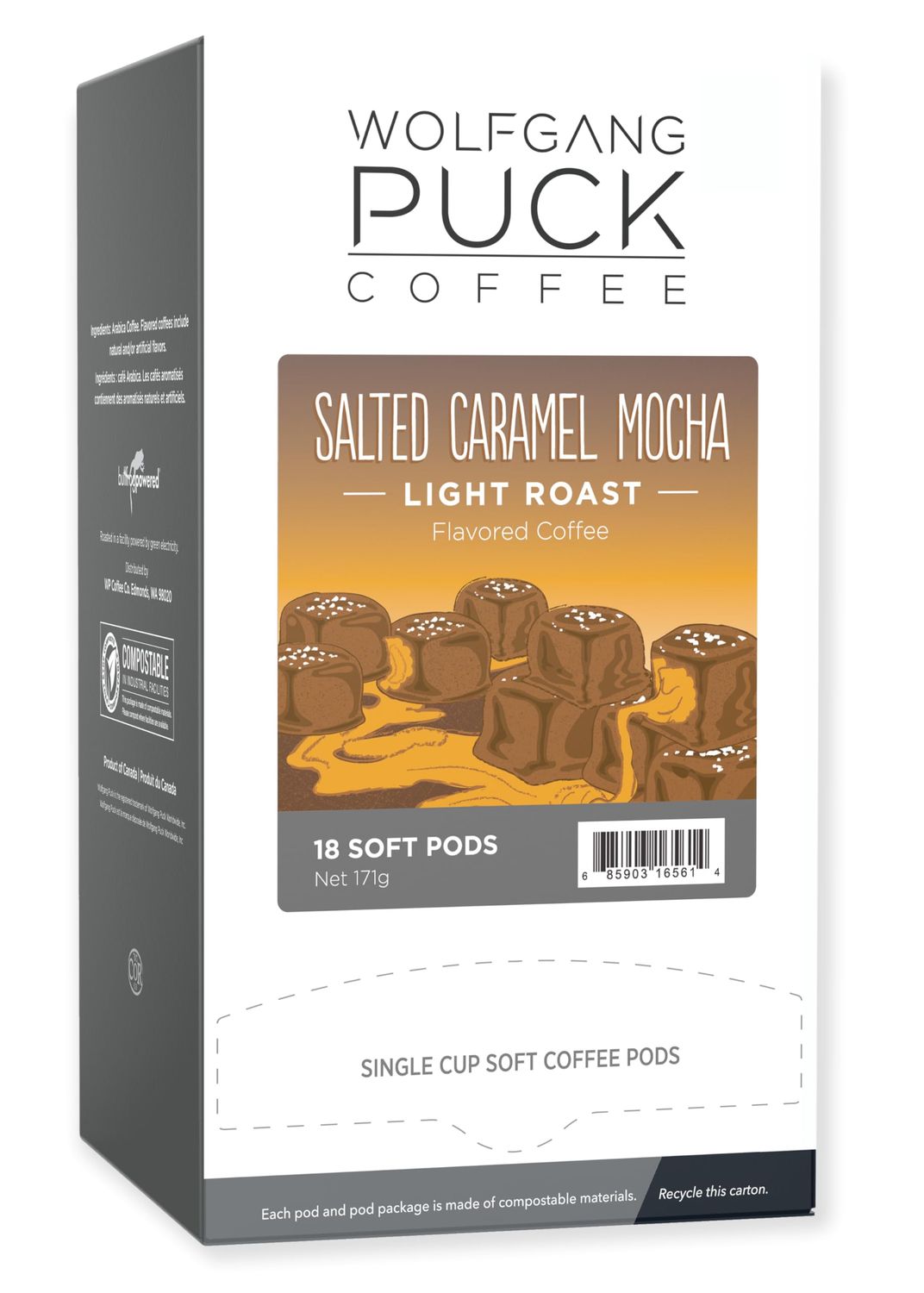 Wolfgang Puck Coffee, Salted Caramel Mocha, 9.5 Gram Soft Pods, 18 Count (Pack of 6)