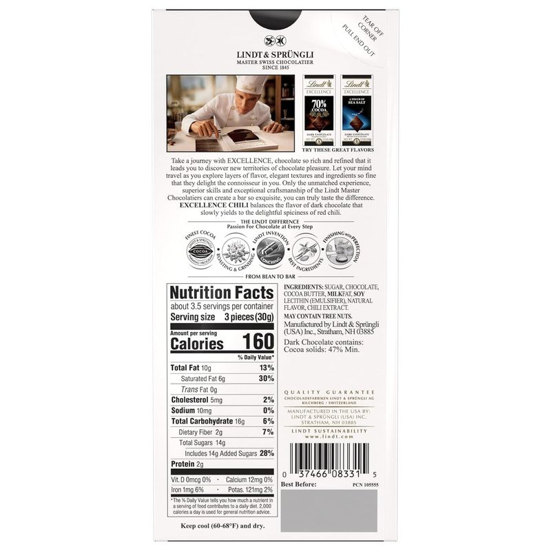 Lindt Excellence Dark Chocolate with Chili Bar, 3.5 Oz, 2 Pack