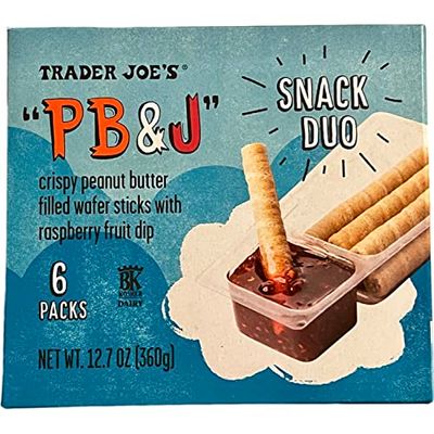 Trader Joes PB&amp;J Crispy Peanut Butter-Filled Wafer Sticks with Raspberry Fruit Dip, one box of 6 packs, total 12.7 oz, 6 Count (Pack of 1)