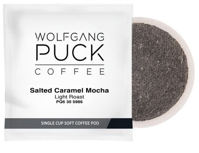 Wolfgang Puck Coffee, Salted Caramel Mocha, 9.5 Gram Soft Pods, 18 Count (Pack of 6)