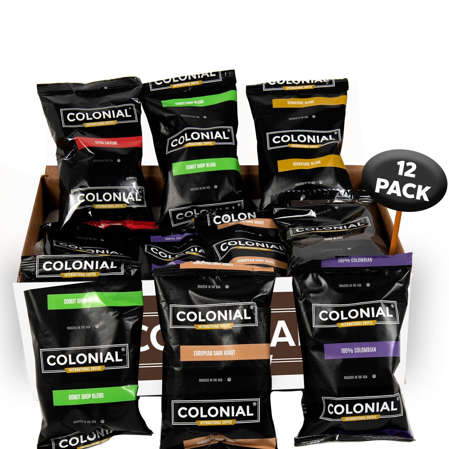 Colonial Coffee Packets, Pre Ground Coffee Packs, Assorted Variety Pack, Medium &amp; Dark Roast Blends, Bulk Single Pot Bags for Drip Coffee Makers, (2.5 oz Bags, Pack of 12)