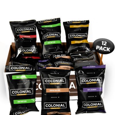 Colonial Coffee Packets, Pre Ground Coffee Packs, Assorted Variety Pack, Medium &amp; Dark Roast Blends, Bulk Single Pot Bags for Drip Coffee Makers, (2.5 oz Bags, Pack of 12)