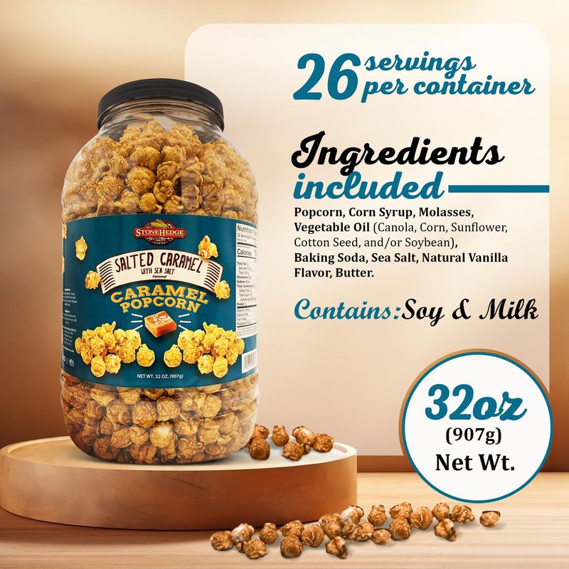 Stonehedge Farms Salted Caramel Flavored Popcorn | 32 oz Large Tub | Perfect for Holidays and Christmas | Bulk Gourmet Popped Sweet Snacks | Made in the USA