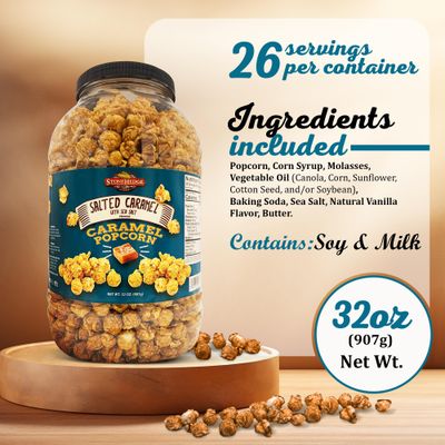 Stonehedge Farms Salted Caramel Flavored Popcorn | 32 oz Large Tub | Perfect for Holidays and Christmas | Bulk Gourmet Popped Sweet Snacks | Made in the USA