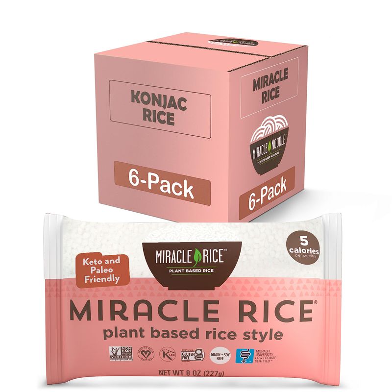 Miracle Noodle Miracle Rice - Konjac Rice, Keto Rice, Plant-Based, Gluten-Free, Soy Free, Low Carb Rice, Low-Calorie Rice, Grain Free, Perfect for Stir-Fry, Rice Pilaf, &amp; Rice Pudding - 8 Oz, 6-Pack