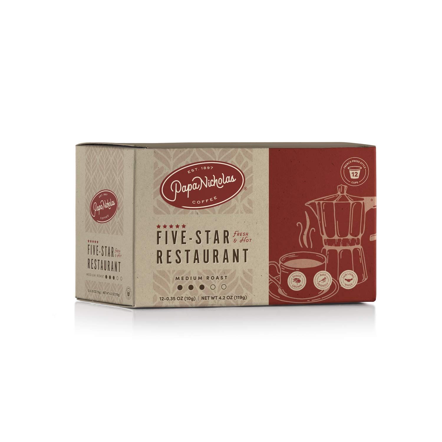 PapaNicholas Coffee Single Serve Coffee Cups Fits Keurig K Cup Brewers, 5-star Restaurant Blend, 12 Count