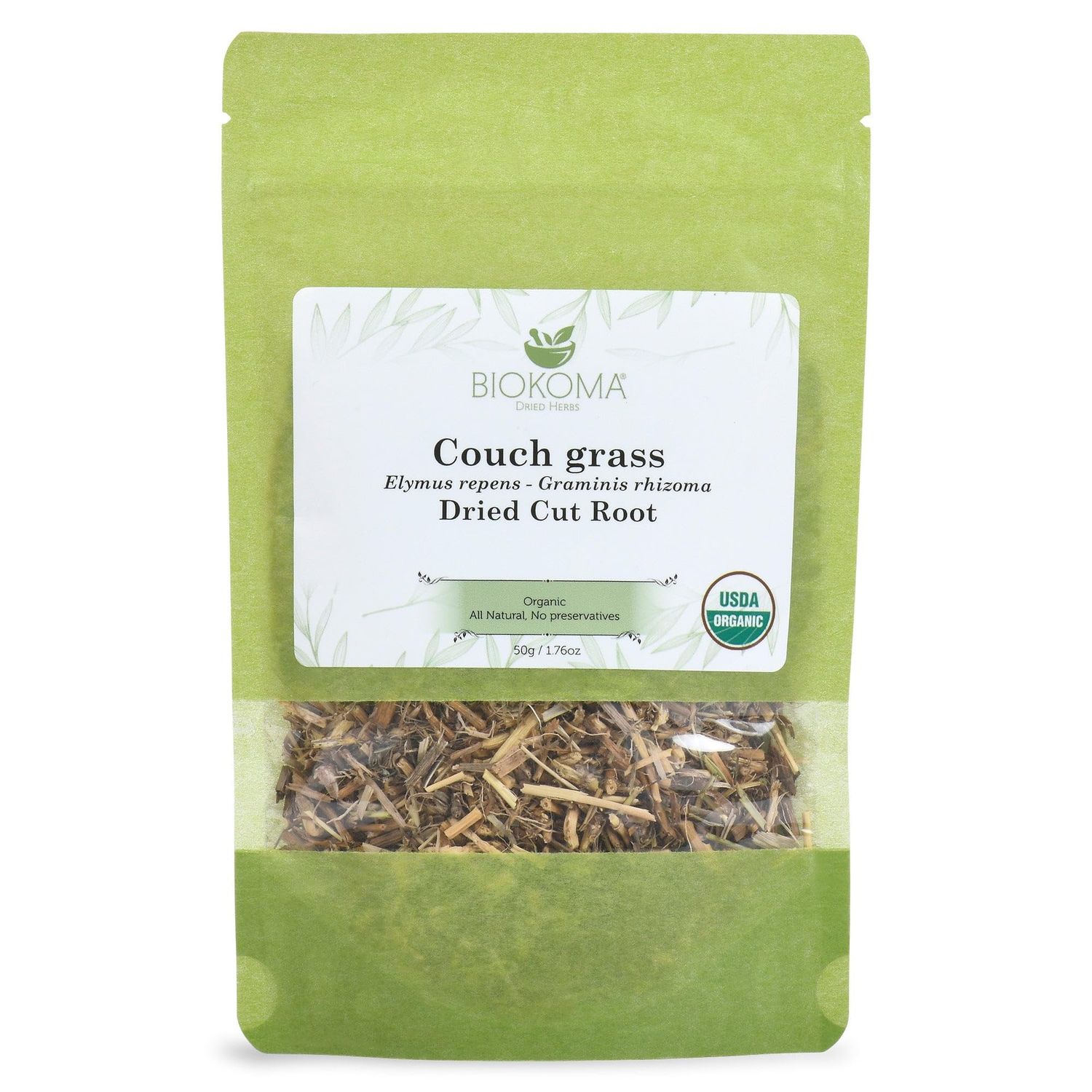 Biokoma Pure and Organic Couch Grass Dried Cut Root 50g (1.76oz) in Resealable Moisture Proof Pouch, USDA Certified Organic - Herbal Tea, No Additives, No Preservatives, No GMO, Kosher
