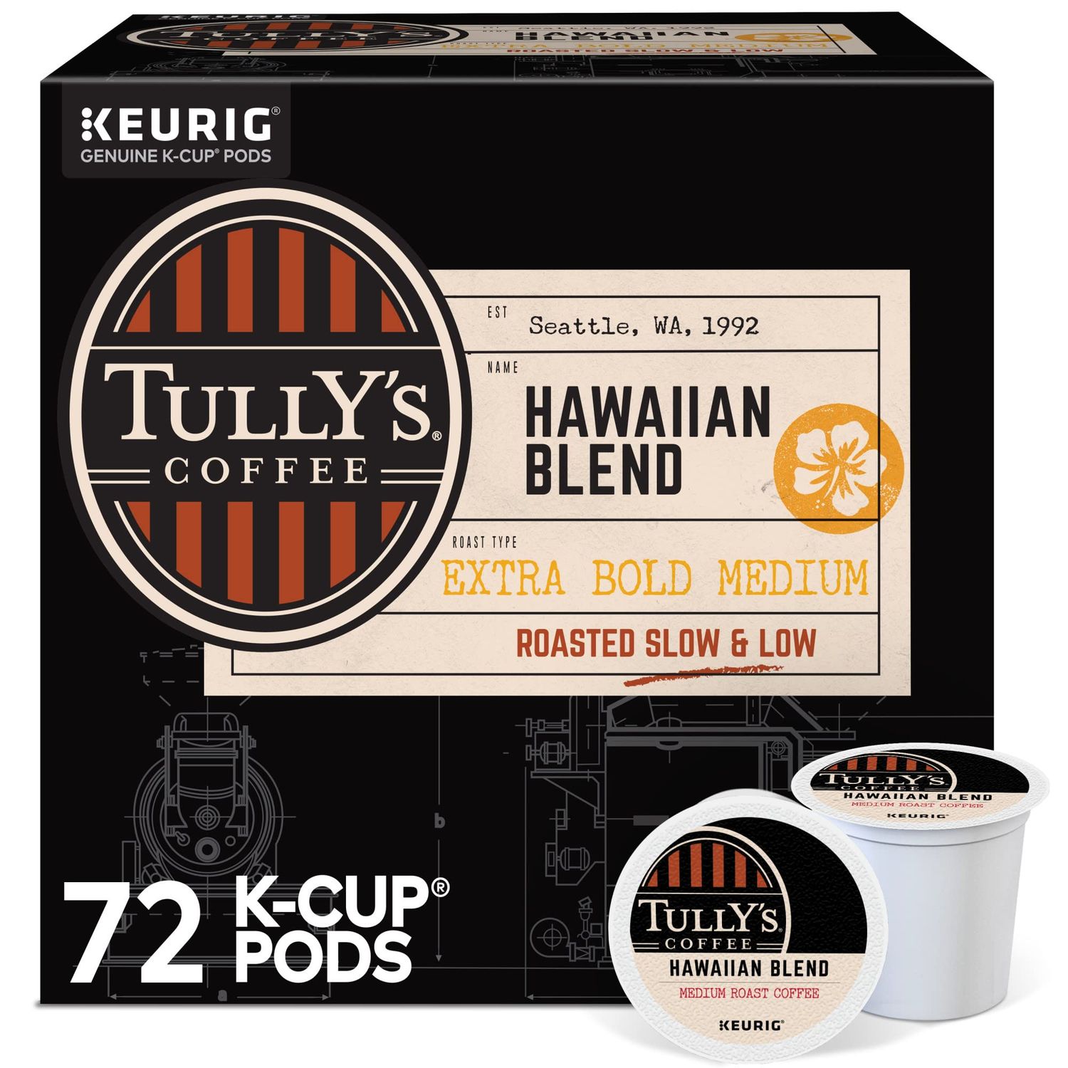 Tully&#39;s Coffee Hawaiian Blend Keurig Single-Serve K-Cup Pods, Medium Roast, 72 Count