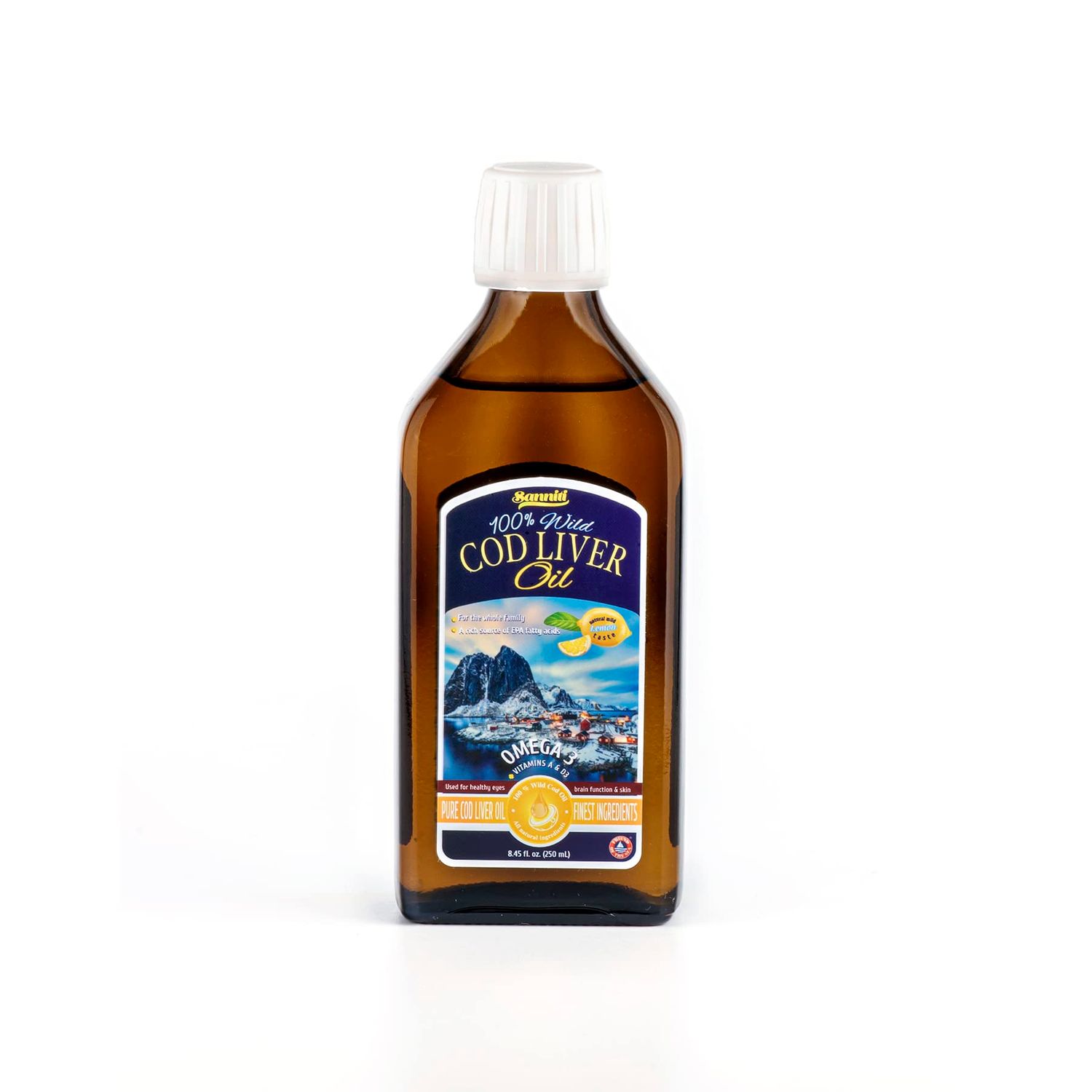 Sanniti 100% Natural Cod Liver Oil, 1081 mg Total Omega-3 Fatty Acids, Wild Caught Nordic, 250 mL (8.4 oz) (Lemon)