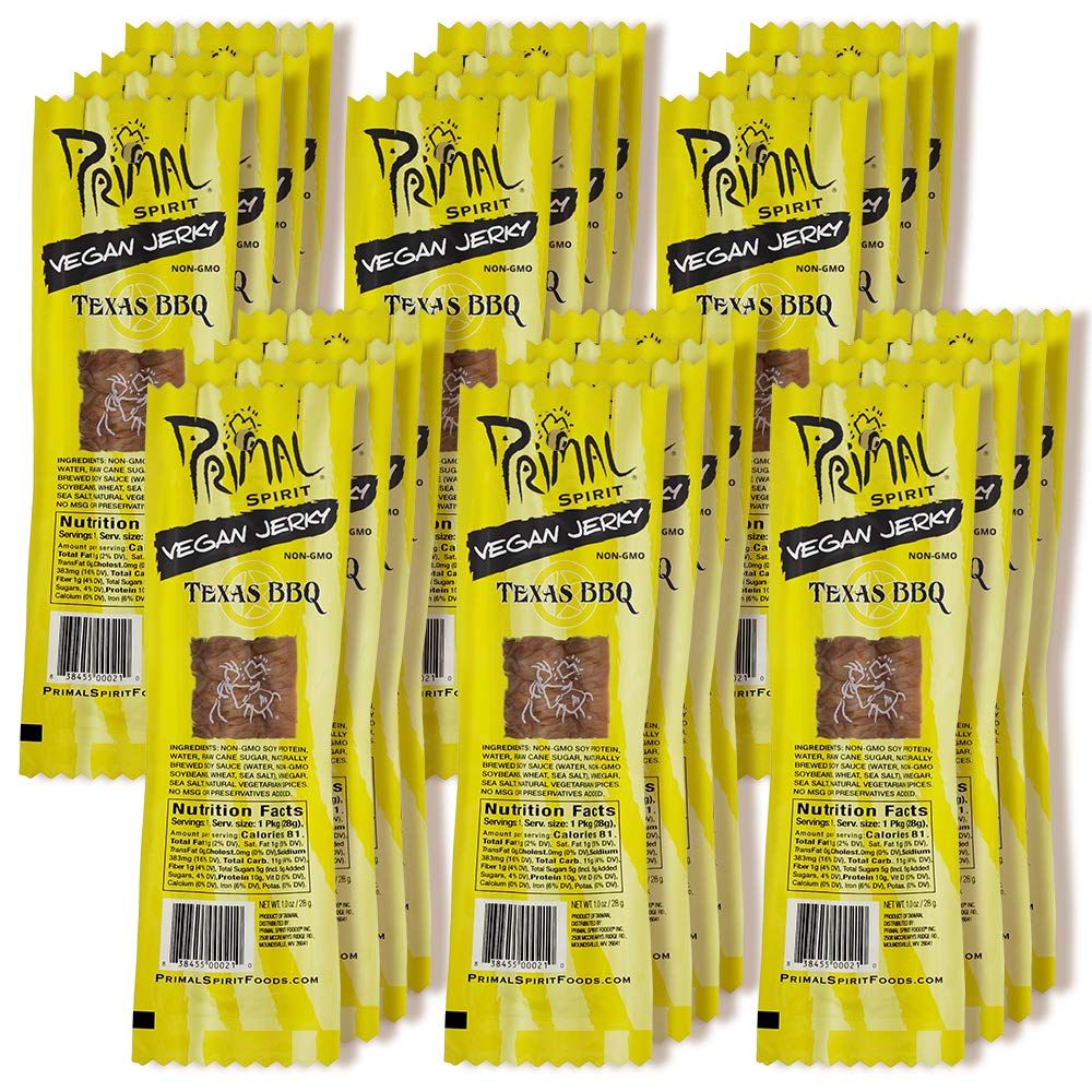 Primal Spirit Vegan Jerky - Classic Flavor - Texas BBQ, 10 g. Plant Based Protein, Certified Non-GMO, No Preservatives, Sports Friendly Packaging (24 Pack, 1 oz)