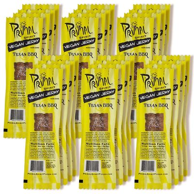 Primal Spirit Vegan Jerky - Classic Flavor - Texas BBQ, 10 g. Plant Based Protein, Certified Non-GMO, No Preservatives, Sports Friendly Packaging (24 Pack, 1 oz)