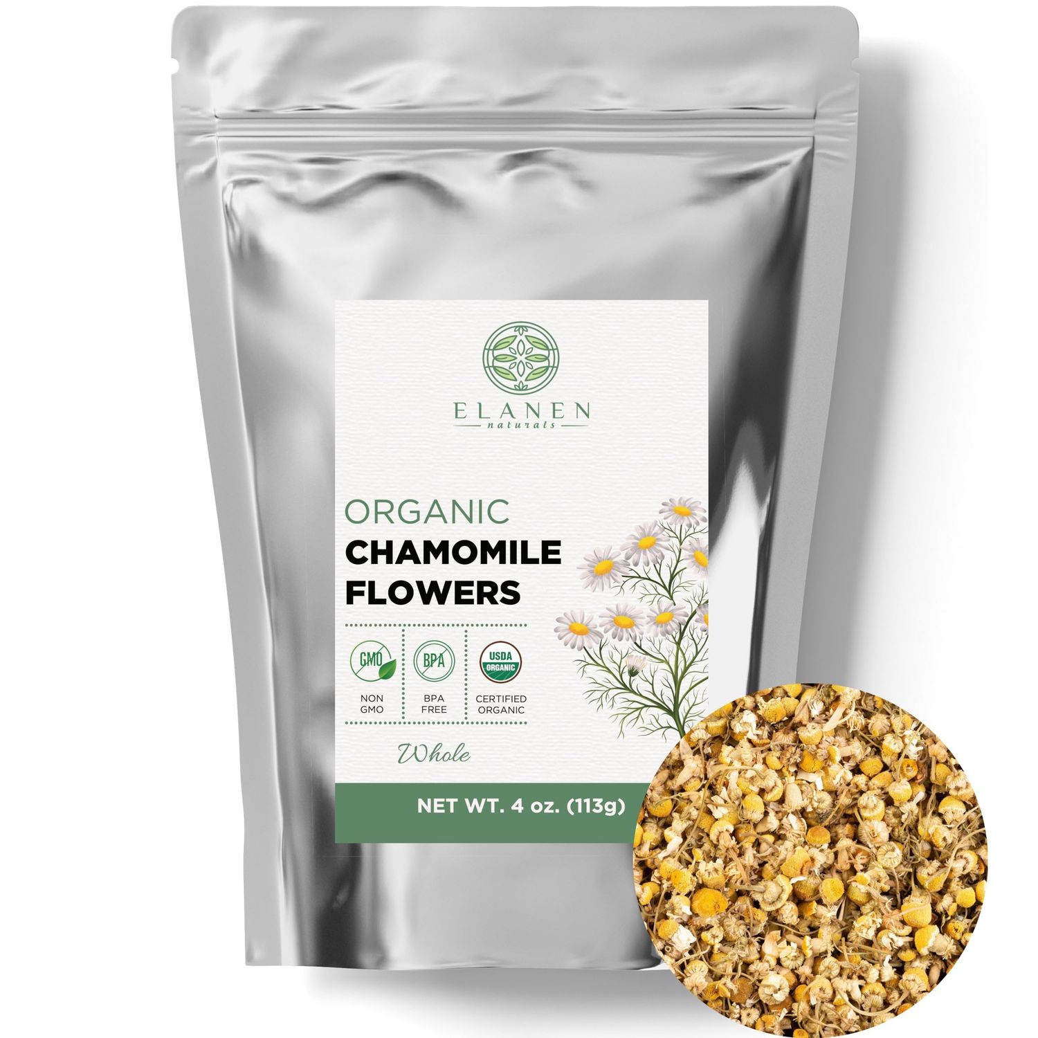 ELANEN naturals Organic Chamomile Flowers 4 oz. (113g), USDA Certified Organic Chamomile Tea Loose Leaf, Camomile Tea, Manzanilla Tea Herb, German Chomomile Golden Chamomeal, Whole