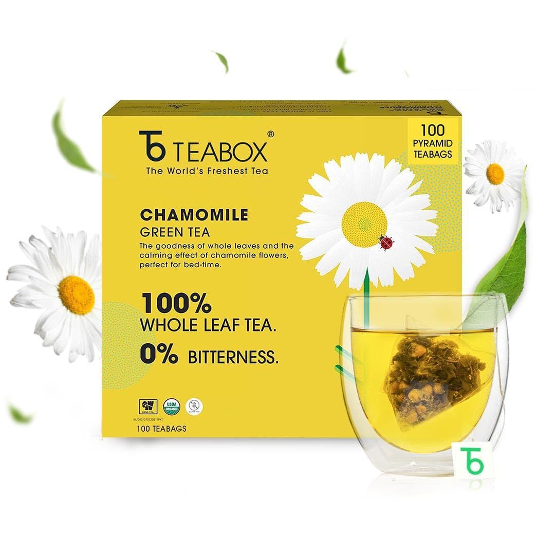 Teabox Premium Organic Green Tea With Chamomile Flowers | 100% Whole Leaf Green Tea Leaves With Whole Chamomile Flower | 0% Bitterness | USDA ORGANIC | 100 Tea Bags (Low Caffeine)