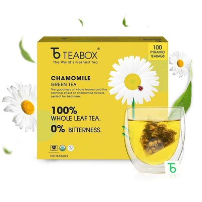 Teabox Premium Organic Green Tea With Chamomile Flowers | 100% Whole Leaf Green Tea Leaves With Whole Chamomile Flower | 0% Bitterness | USDA ORGANIC | 100 Tea Bags (Low Caffeine)